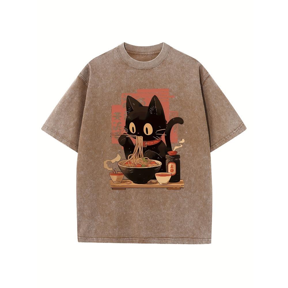 High Quality Pure Cotton Retro Washed Cat Noodle Pattern T-shirt Summer Outfit Round Neck Short Sleeved