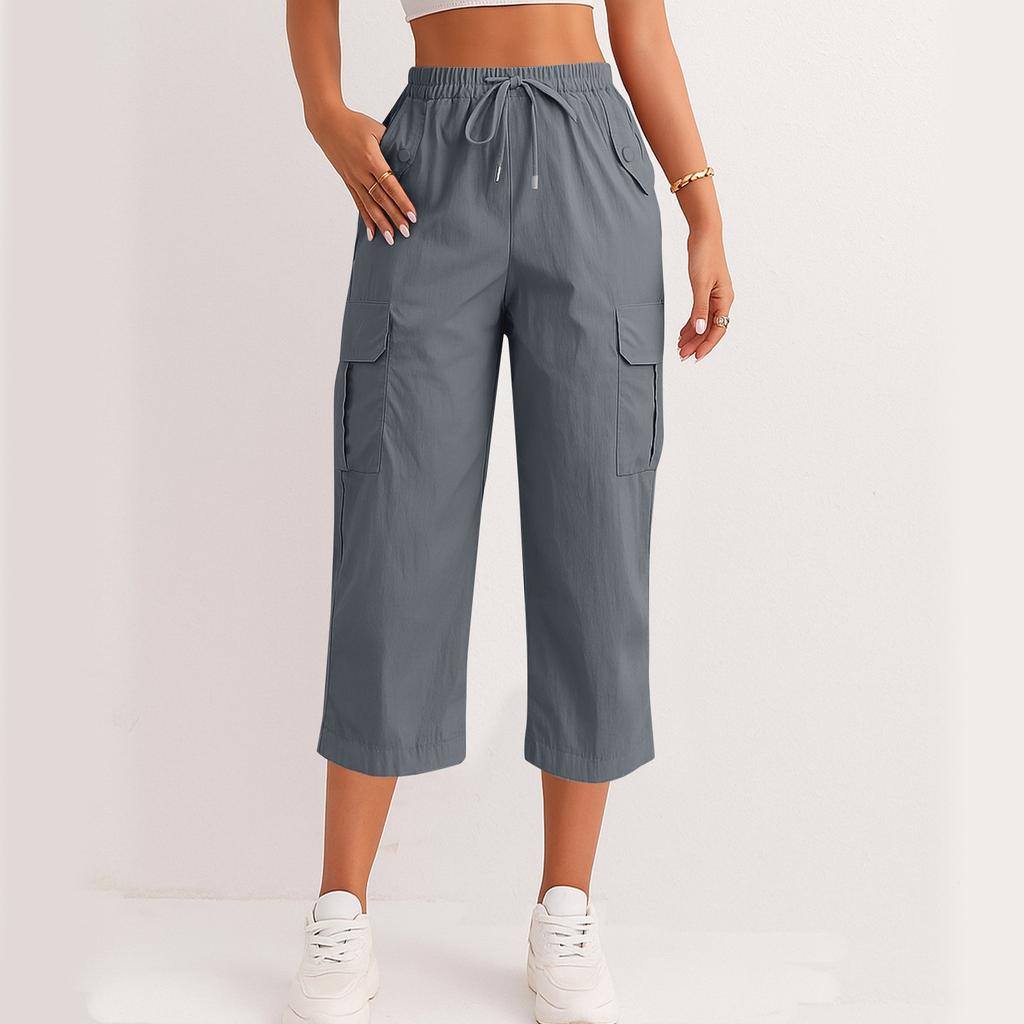 Women's Fashionable Drawstring With Flip Pocket Solid Color Captcha Pants Work Pants