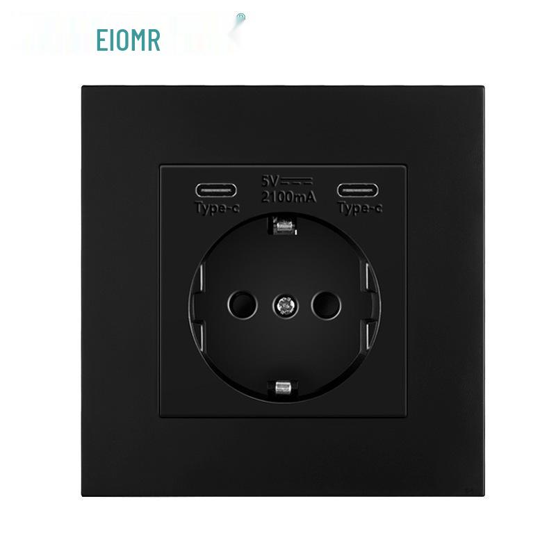 Black 16A German Standard Socket Panel with Double USB + Type C, Concealed European Installation