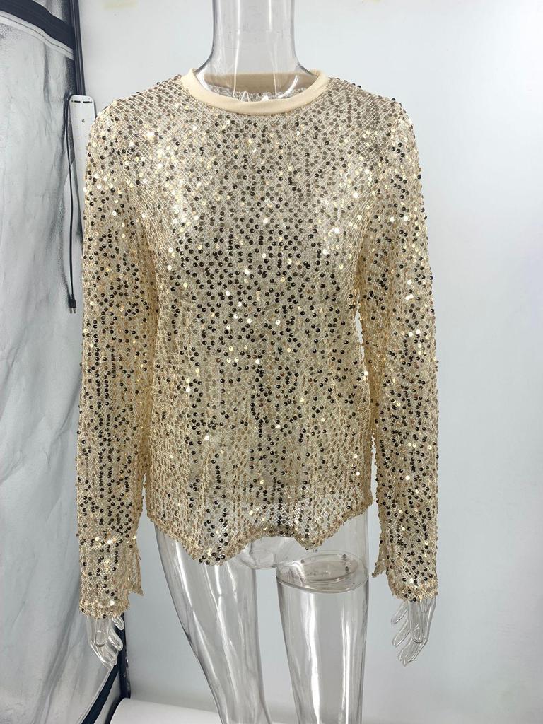 2024 European & American Sequin Mesh Slim-Fit Long-Sleeve Top