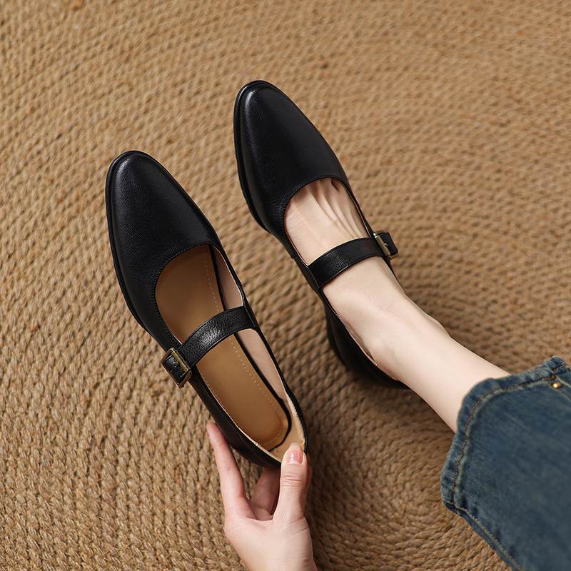 Krazing Pot Sheepskin Autumn Winter Shoes Buckle Straps Low Heels Mary Janes Size 40 Round Toe Brown Color Pumps