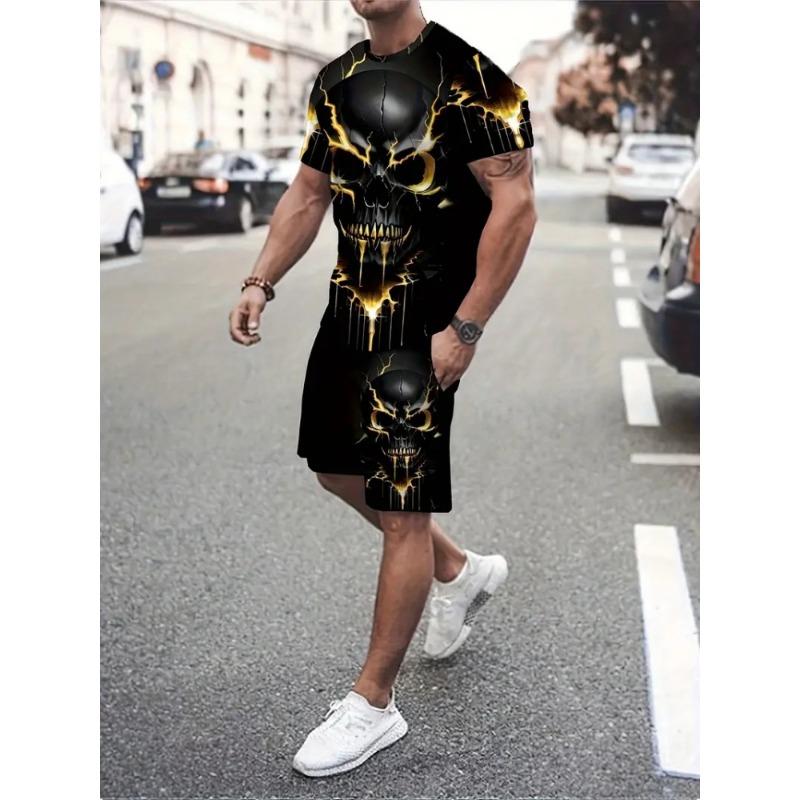 Cute Cartoon Print Summer Casual Crew-neck Men's Suit Urban Fashion Street Short-sleeved Top And Shorts Casual All-match Outfit