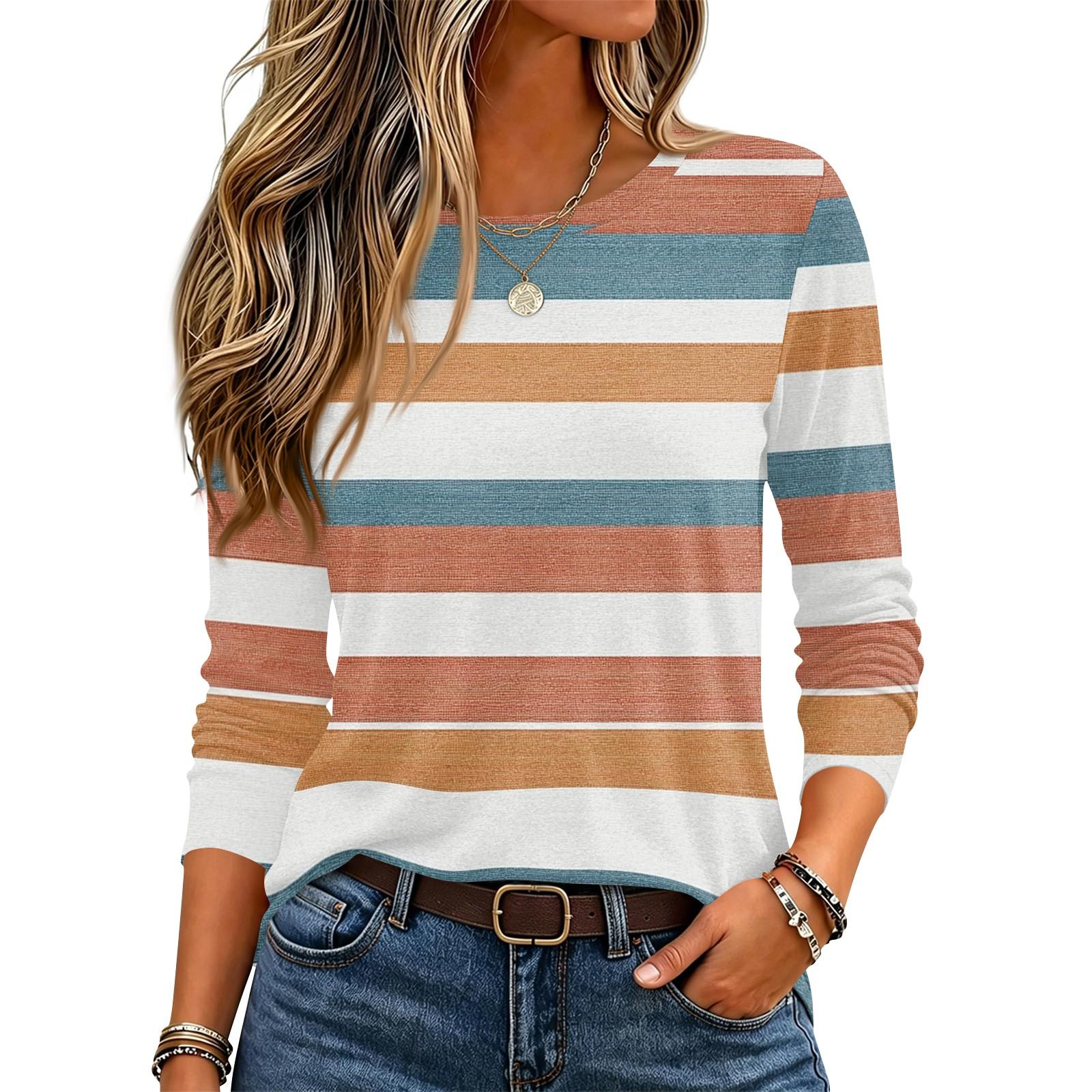Women s Stripe Plaid Print Neck Long Sleeve Pullover Top XXL