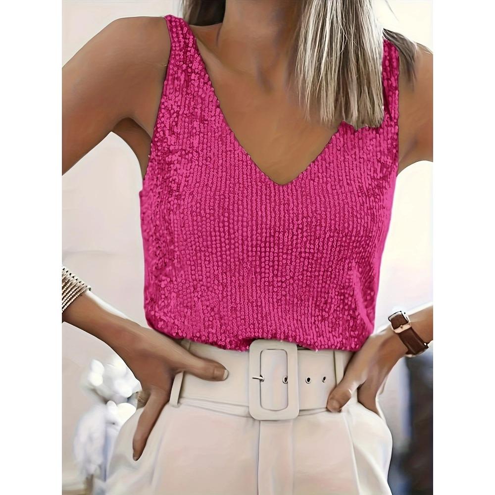 Women's V Neck Sleeveless Sequin Tank Top Straight Fit Elegant Party Cami Top