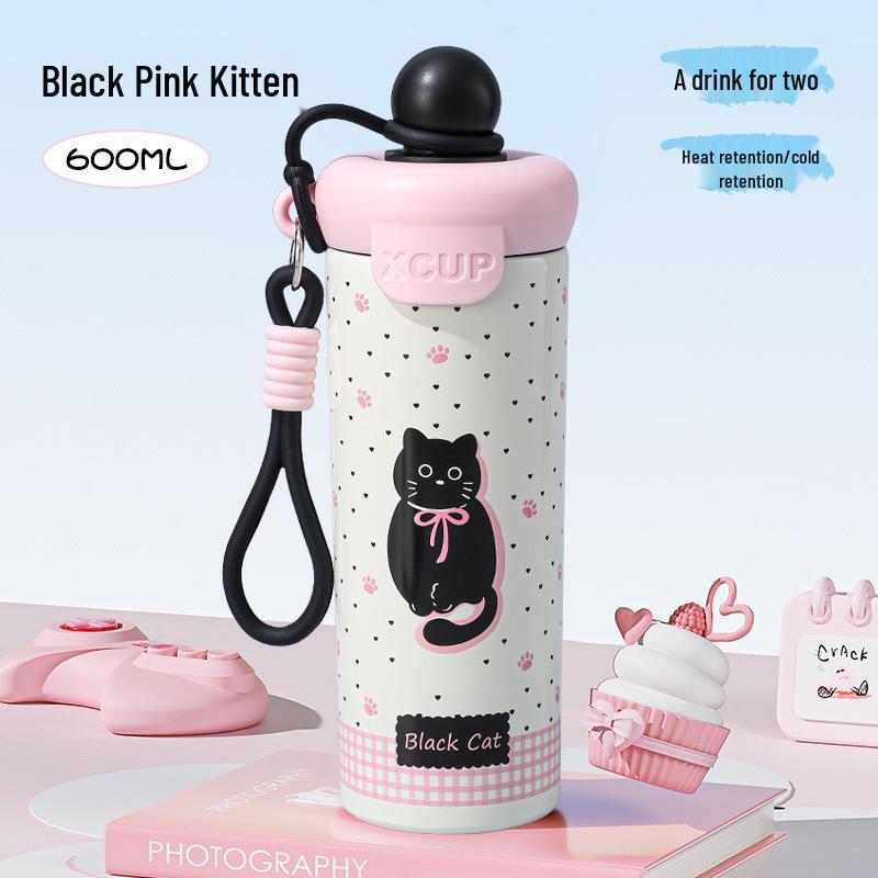 316 Stainless Steel Insulated Straw Cup for Women & Students - Cute Cartoon Water Bottle with Handle for Outdoor Use.