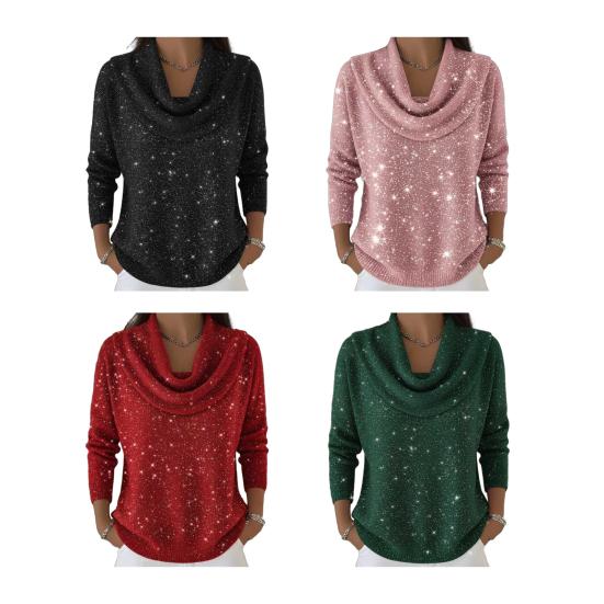 Women Tops Swing Collar Long Sleeve Shiny Rhinestones Pullover Tops Loose Fit Solid Color Flash