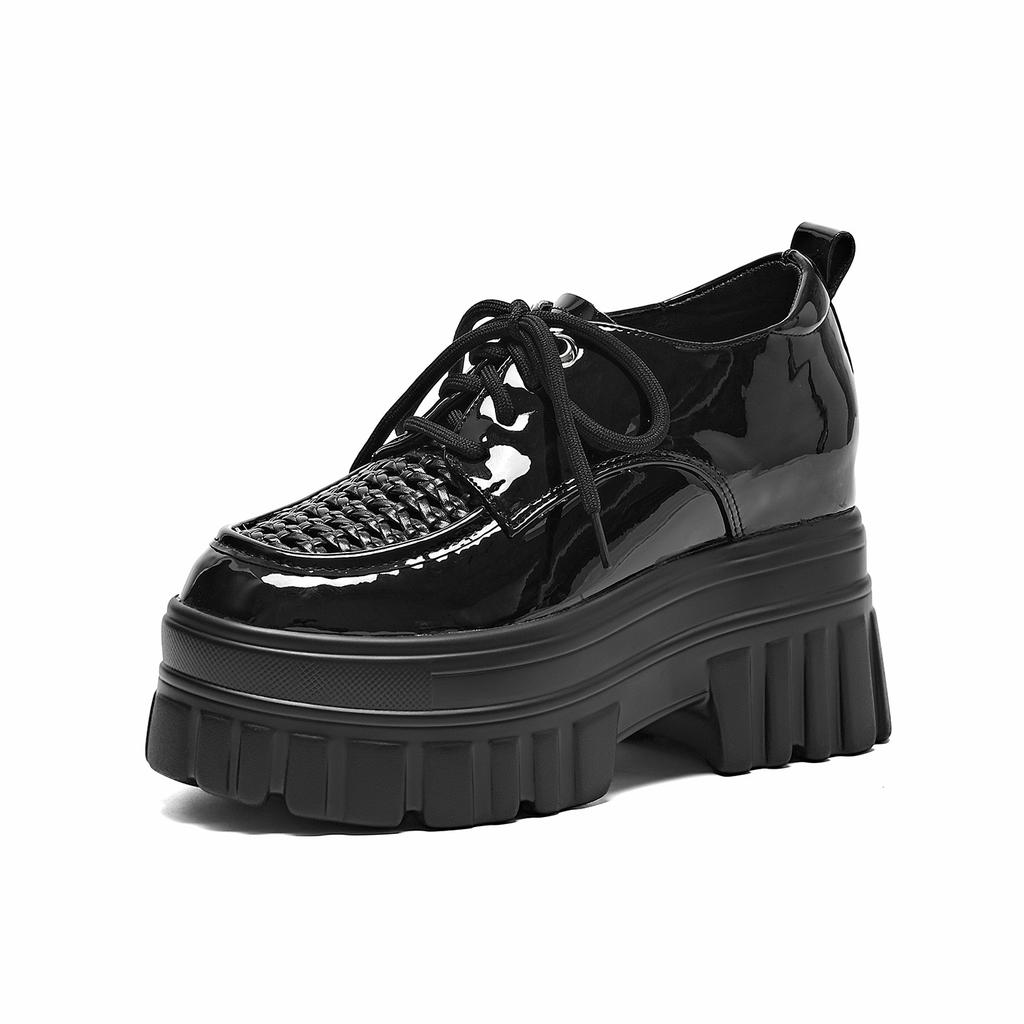 2026 Autumn Women Patent Leather Woven Lace‑Up Wedge Platform Pumps, British Retro Style Extra Thick‑Sole Versatile Casual Daily Leather Shoes