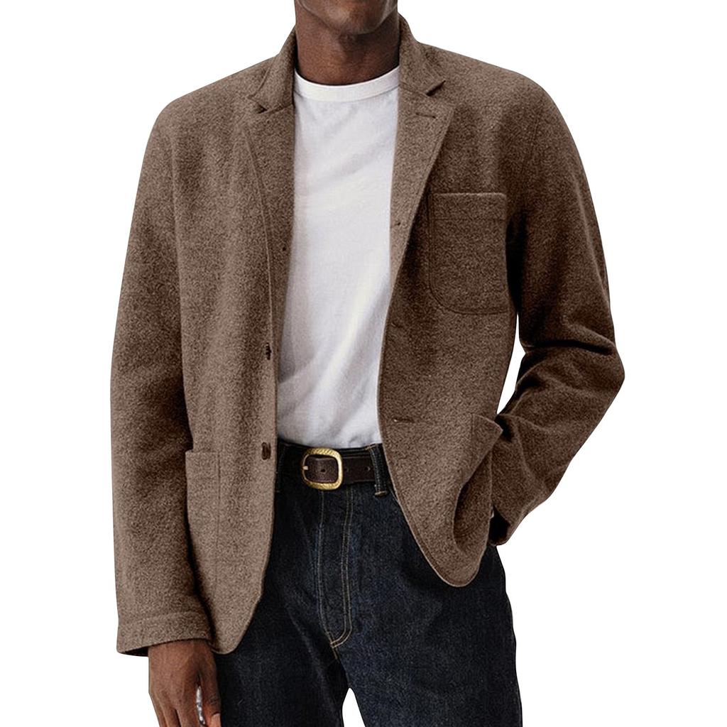 Men's Solid Color Woolen Coat Men's Pockets Button Casual Jacket