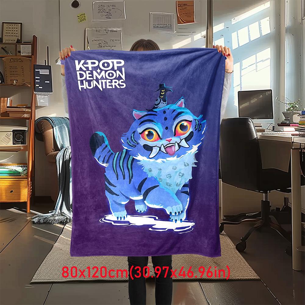 1Pc Kpop Demon Hunters Derpy Cats Print Flannel Blanket, Comfortable for All Seasons, Home Decor, Warmth and Comfort, Perfect for Christmas Gifts