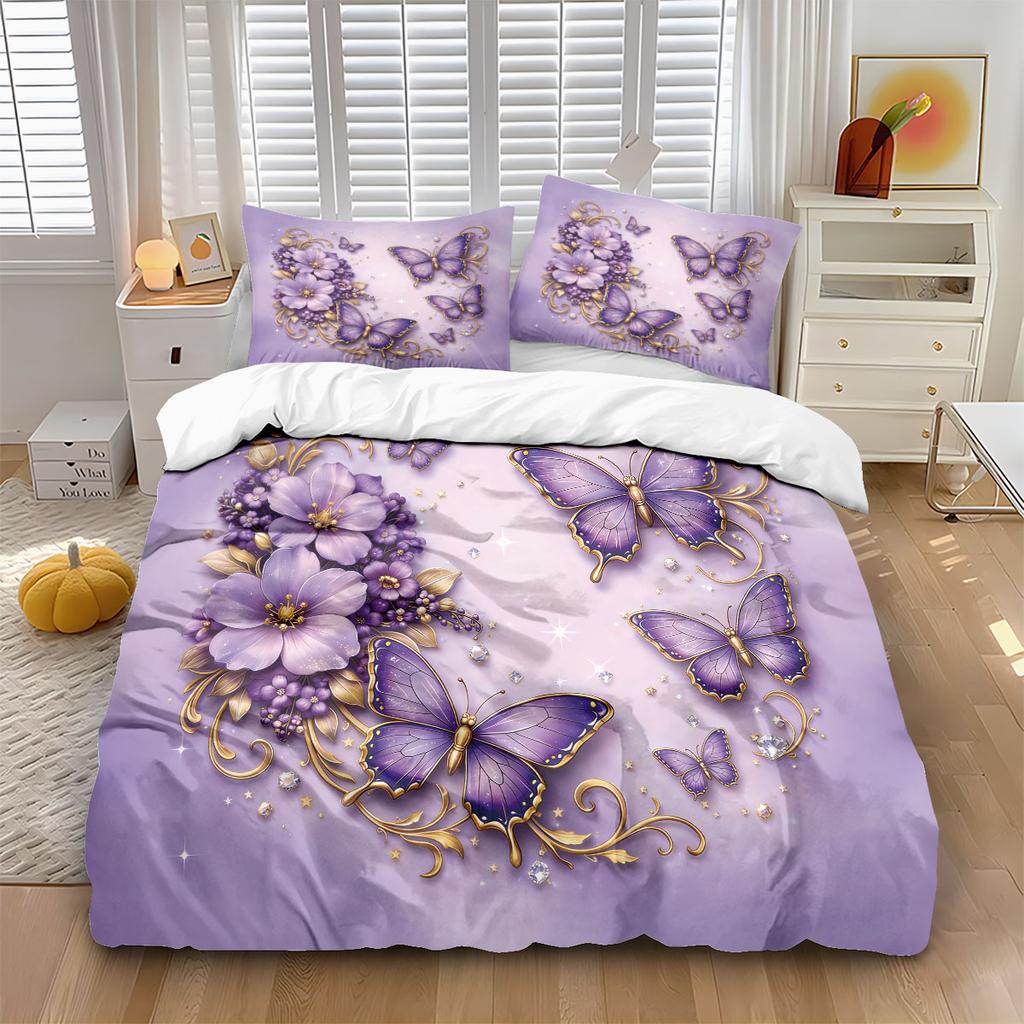 3pcs Purple Butterfly Printed Coreless Duvet Cover Set, Multi Size Bedroom Bedding Decoration, Machine Washable