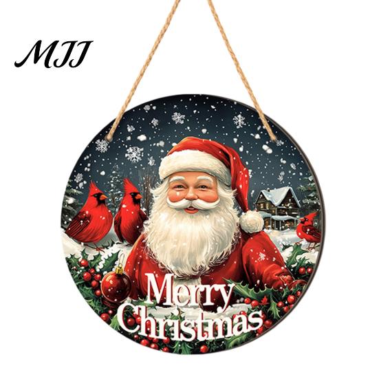 Waterproof Holiday Porch Sign Christmas Hanging Sign, Round Wooden Welcome Cute Dog Gingerbread Front Door Man for Wall Decor