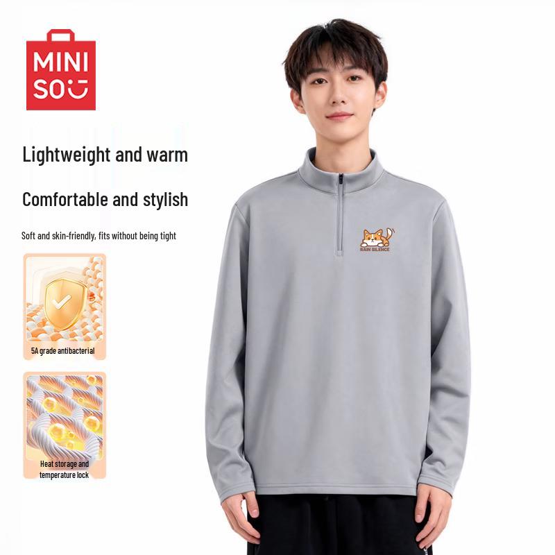 MINISO Men's Fleece-Lined Half-Zip Long Sleeve T-Shirt