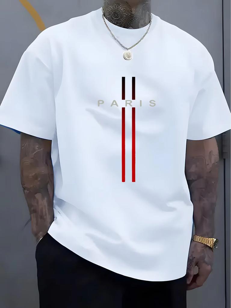Summer Men's Cotton Casual Loose Large Size Paris Letter Pattern Printed Round Neck Short Sleeve Popular Holiday T-shirt