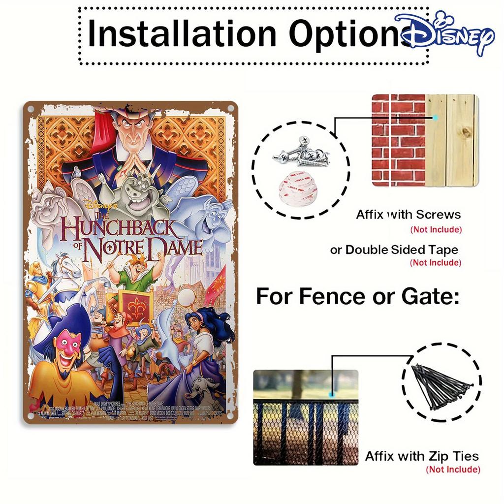 1pc Disney Hunchback of Notre Dame Metal Tin Sign - Vintage Gothic Cathedral Art Poster Featuring Quasimodo & Esmeralda, Heavy-D