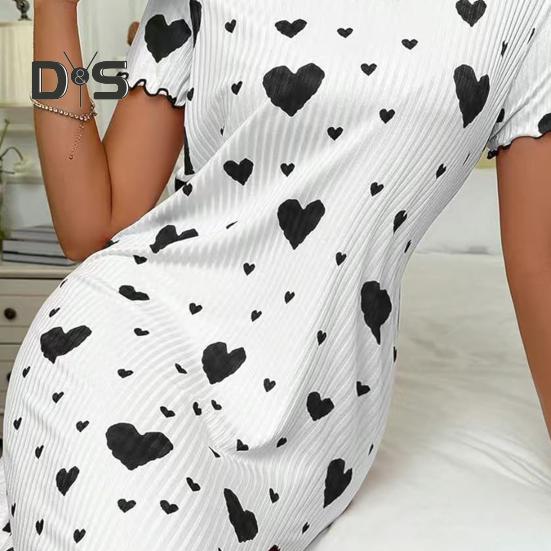 Lady Nightdress Contrast Color Heart Printing Shirring Edge Bow Decor Slit Hem Loose Short Sleeves Bedroom Dress Summer Sleepwear
