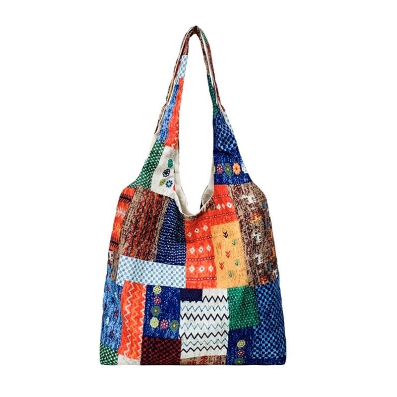 

Эстетичная холщовая сумка-тоут, многоразовая наплечная сумка-тоут для женщин, повседневная, для отпуска, для покупок, для работы, для спортзала, тканевая сумка в этническом стиле 1