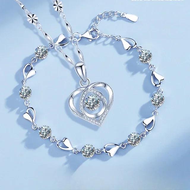 925 Silver Heart Shaped Necklace Bracelet Set for Women Vintage Korean Blue Crystal Bracelets Jewelry Set Party Jewelry