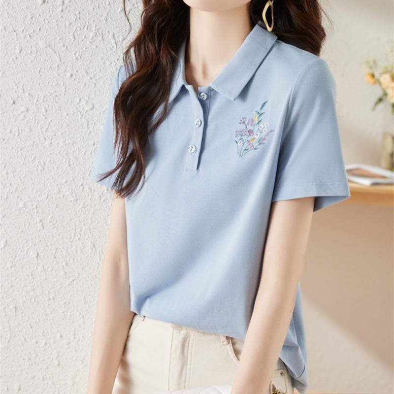 

Летняя новая высококачественная вышитая цветочная модная футболка с короткими рукавами и лацканами, женская короткая рубашка-поло с воротником-полурукавом, верхняя одежда 3XL синий