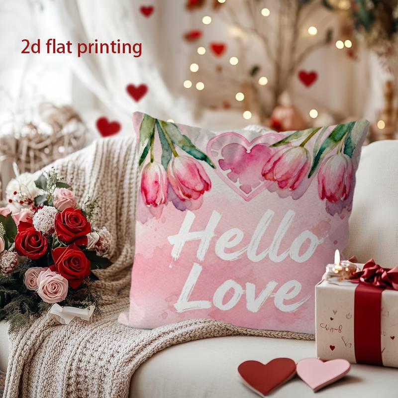 

Hello Love Tulips Heart Pattern Cushion Cover Pattern Cushion Cover Suitable for Sofa Bedroom Car Pillow Cover 16x16Inch