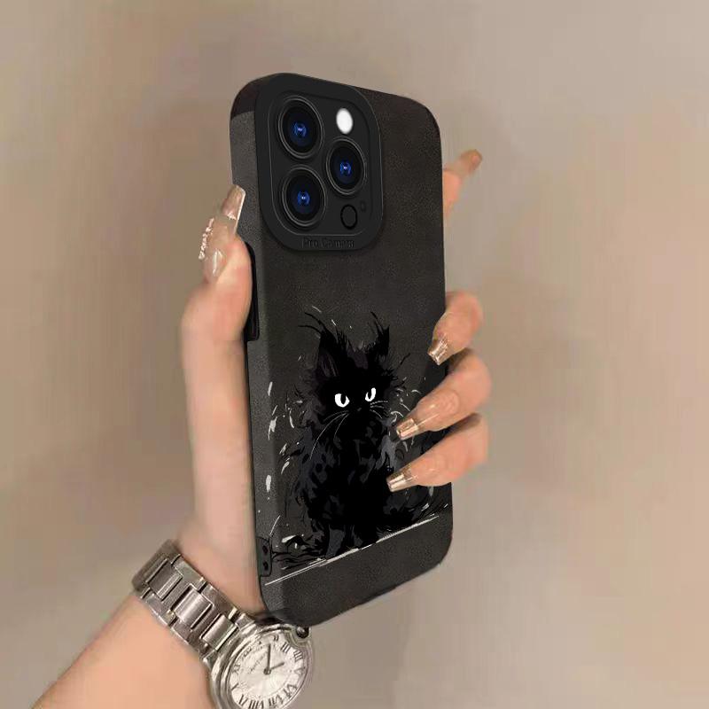 Μαύρη Γάτα Δερμάτινη Θήκη Κινητού για iPhone 17 Pro Max Air 16 15 14 13 12 11 Pro Max Plus X XS MAX XR Σκληρό Πίσω Κάλυμμα