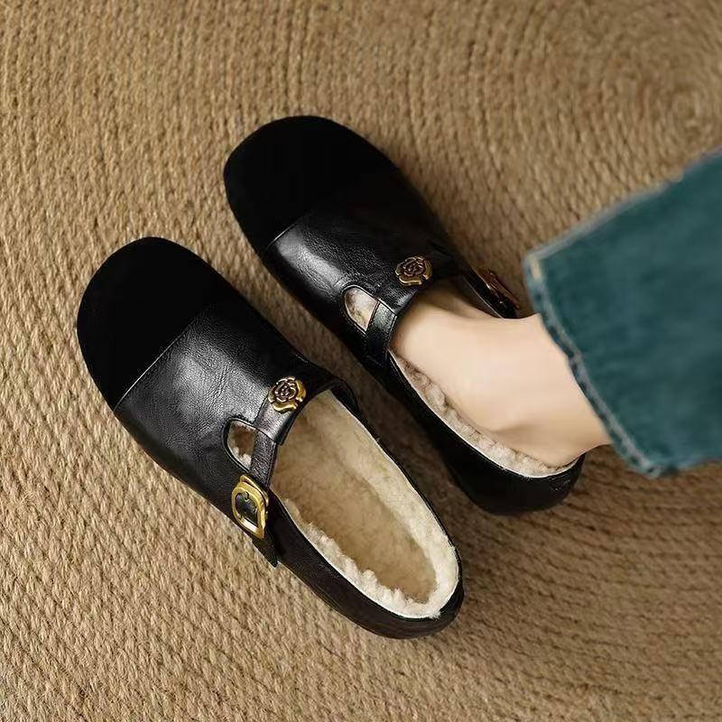 Camellia Retro Mary Jane Frosted New Single Shoes Flat Bottom Shallow Mouth Versatile Round Head Velvet Warm Leather Shoes