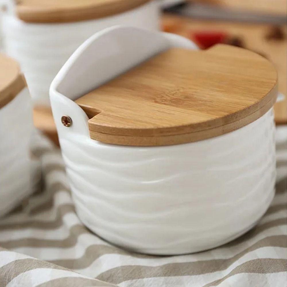 Bamboo Lid Ceramic Seasoning Jar Set Wooden Tray Kitchen Spice Pot Spices Storage Box  Household