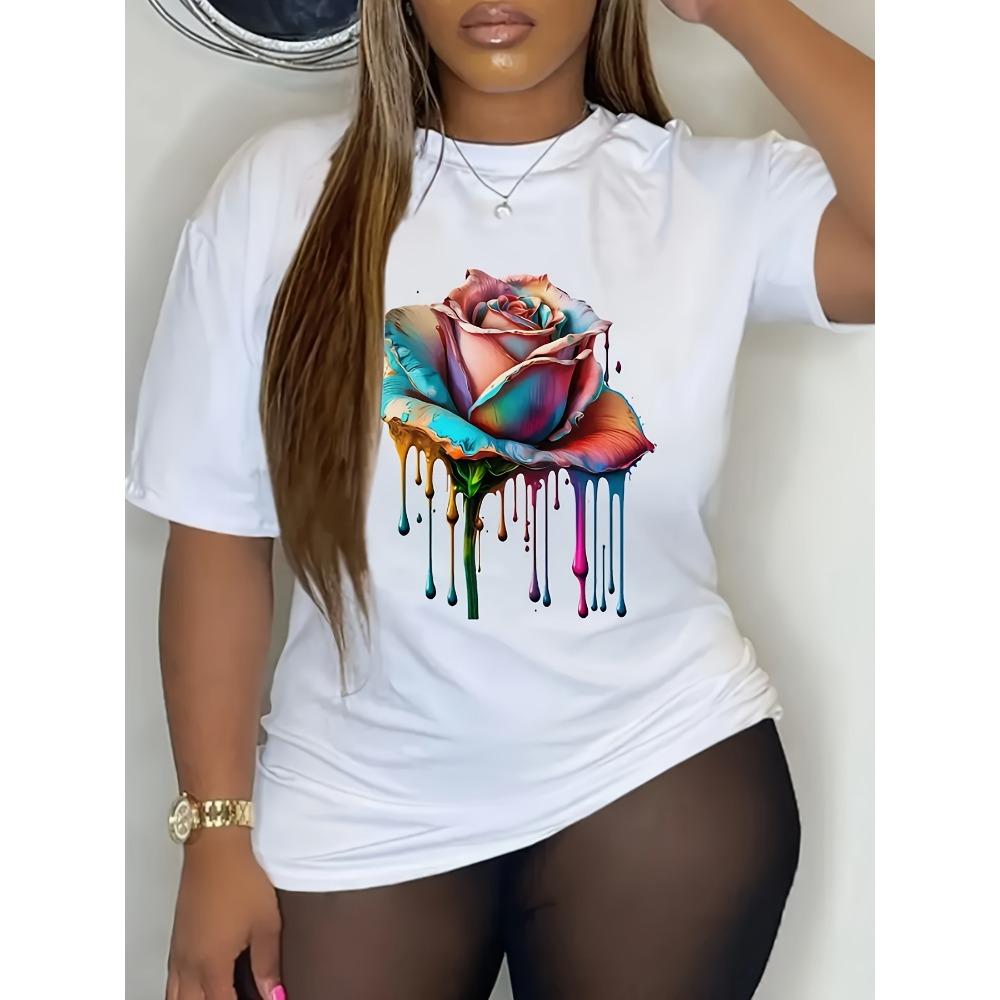 

Colorful Drip Rose Women s Tee - Vibrant Artistic Floral Graphic, Stylish Print for Casual Daily Wear S