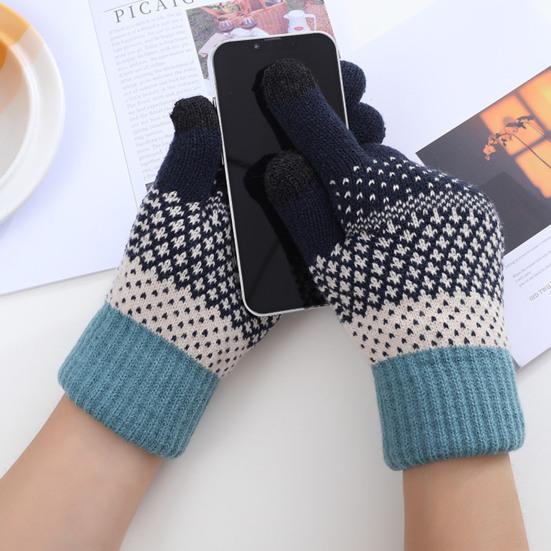 1 Pair Thickened Warm Full Fingers Touch Screen Ribbed Cuffs Women Gloves Winter Striped Splicing Double Layer Fleece Lining Knitting Gloves for Cold