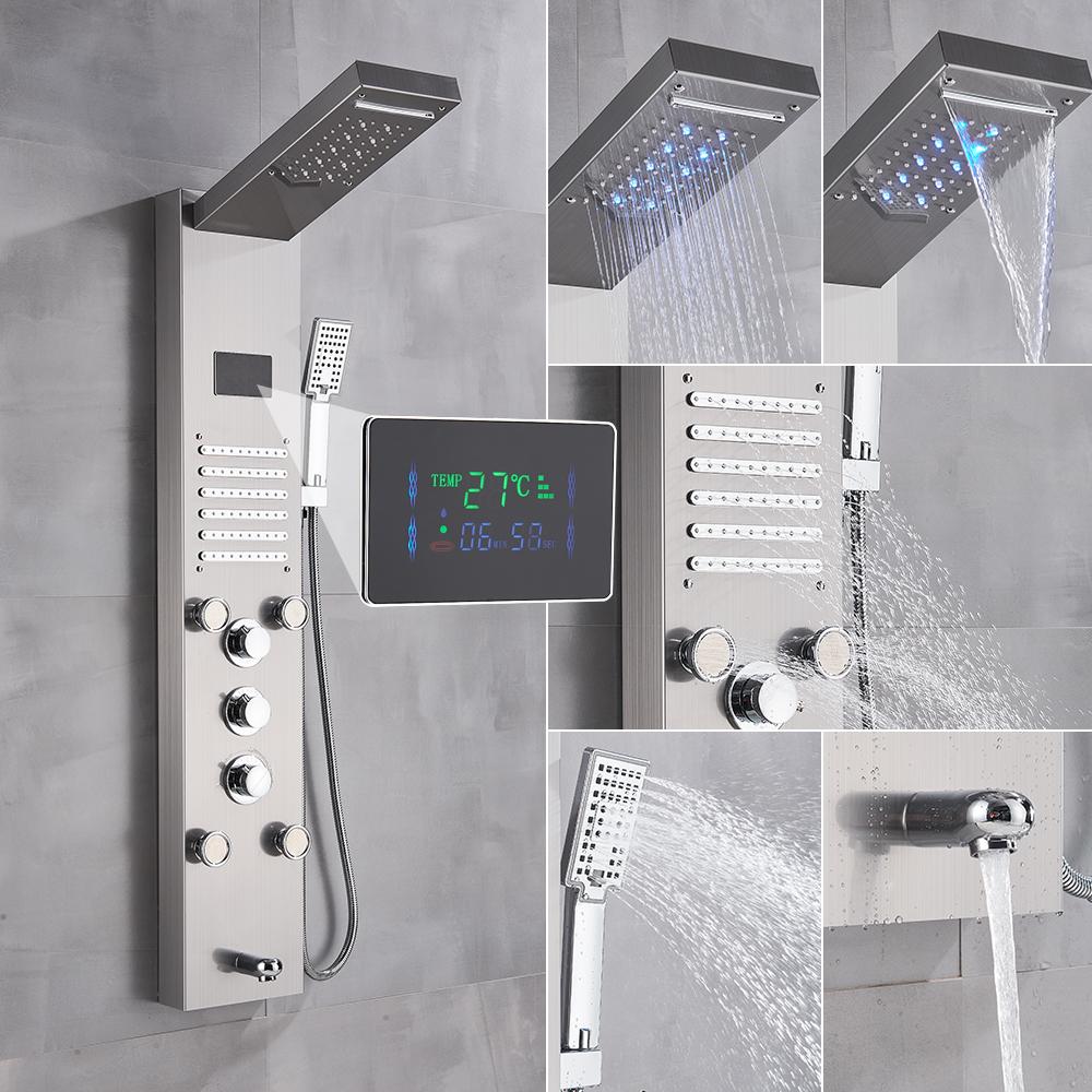 Newly Luxury Black/Brushed Bathroom Shower Faucet LED Shower Panel Column Bathtub Mixer Tap With Hand Shower Temperature Screen Nickel 8004 F