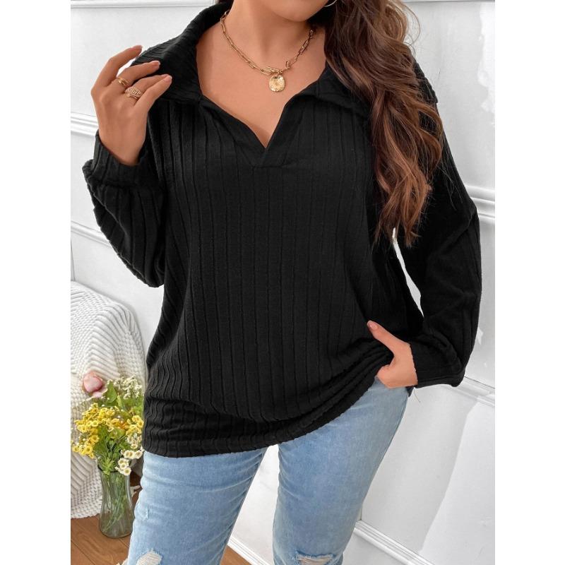 Autumn Winter Solid Color Plus Size Women's Top V-neck Long Sleeved Pit Stripe Brushed T-shirt Loose Fit