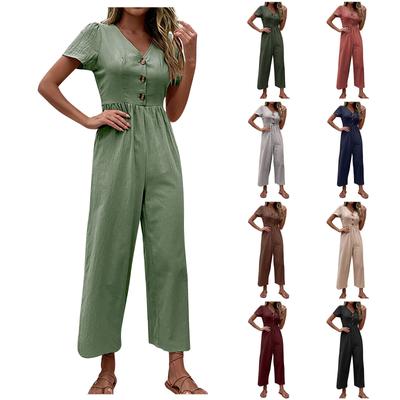 Damenmode-Overall mit einfarbiger, lockerer Schnalle, kurzen Ärmeln, verkürzten Hosen und weitem Bein