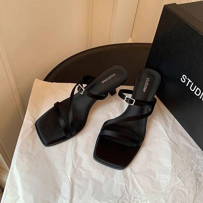 Grape Mother Summer New Temperament Square Head Open Toe Thin Belt French Word Belt High Heels Versatile Sandals Women's Summer