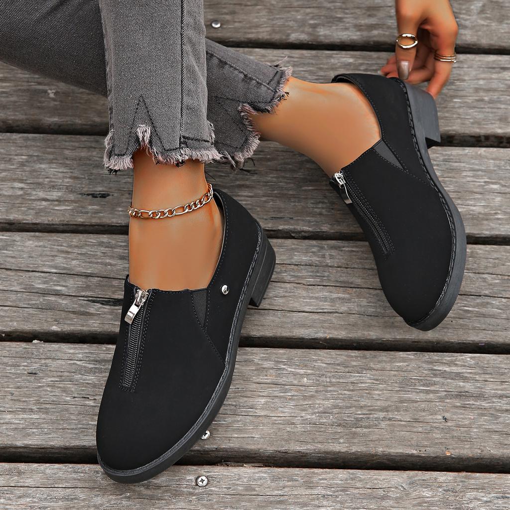 Foreign Trade Large Size Single Shoes Women's 2025 New Autumn and Winter Platform Front Zipper Riveting Women's Shoes Manufacturer
