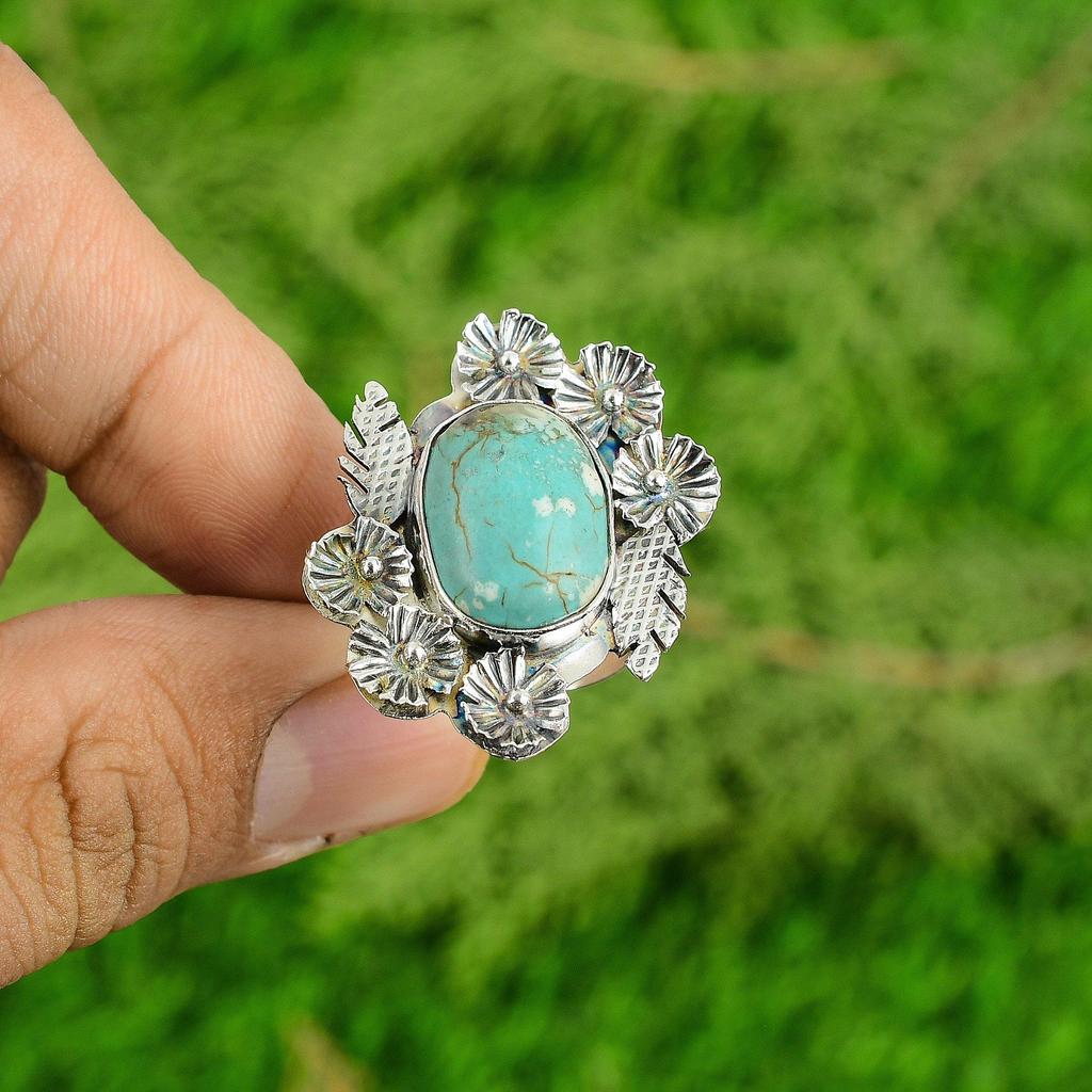 Natural Tibetan Turquoise 925 Silver Flower Adjustable Ring For Women
