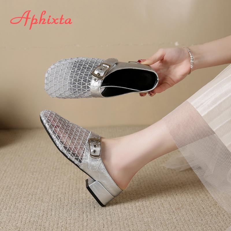 Fashion Aphixta 3.5cm Med Heels Elegant Women Slides Silver Mesh Heeled Sandals Metal Buckle Slides Sexy Woman Shoes Plus Size 44