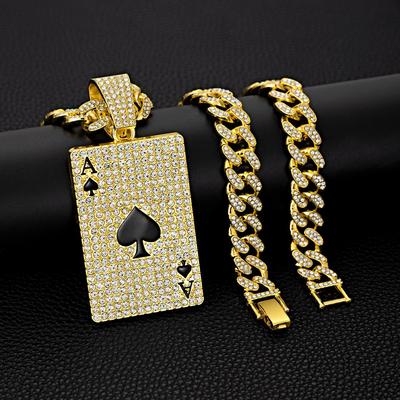 Glückskarte Pik-Ass Hip-Hop Anhänger Halskette - Diamantbesetzte Cuban Chain, Leichter Luxus & Vielseitig
