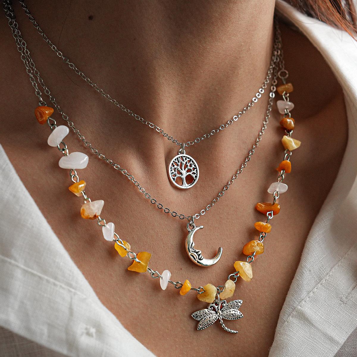 Natural stone crystal beaded moon sun star multi-layer necklace ethnic style niche item decoration