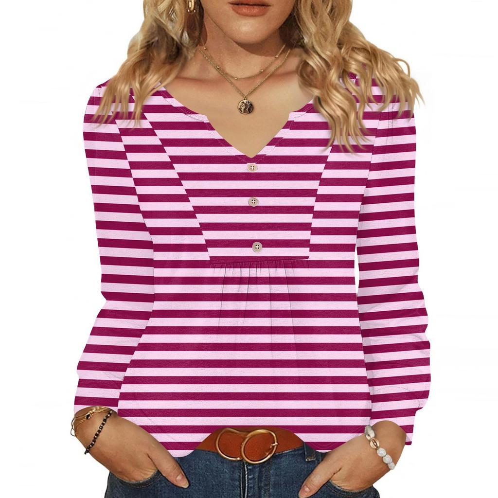 Women's Fashionable Casual V-neck Blouse Button Long-sleeved Pullover T-shirt Top