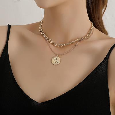 Round Geometric Queen Head Pendant Necklace Female, Fashionable and Simple Temperament Double-layer Necklace
