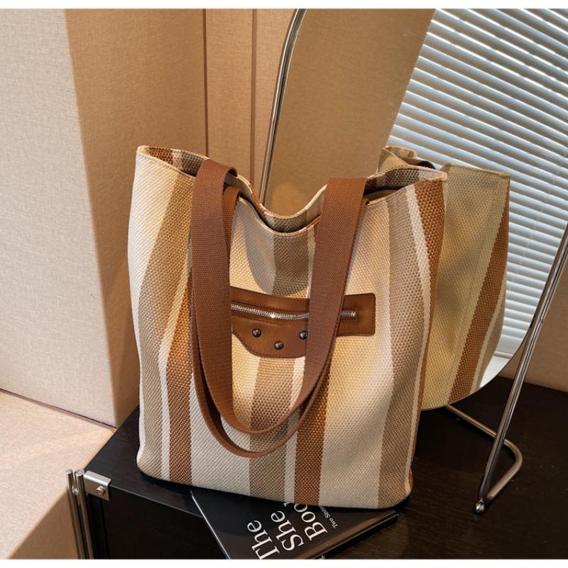 New Women's Bag Trendy Sweet Contrasting Handbag Canvas Bag Striped Tote Bag Large Capacity Shoulder Bag