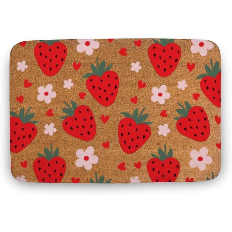 Strawberry Hearts Doormat, Floral Spring Summer Welcome Mat, Indoor Front Back Door Mat, Coral Velvet Rug 16"x24"