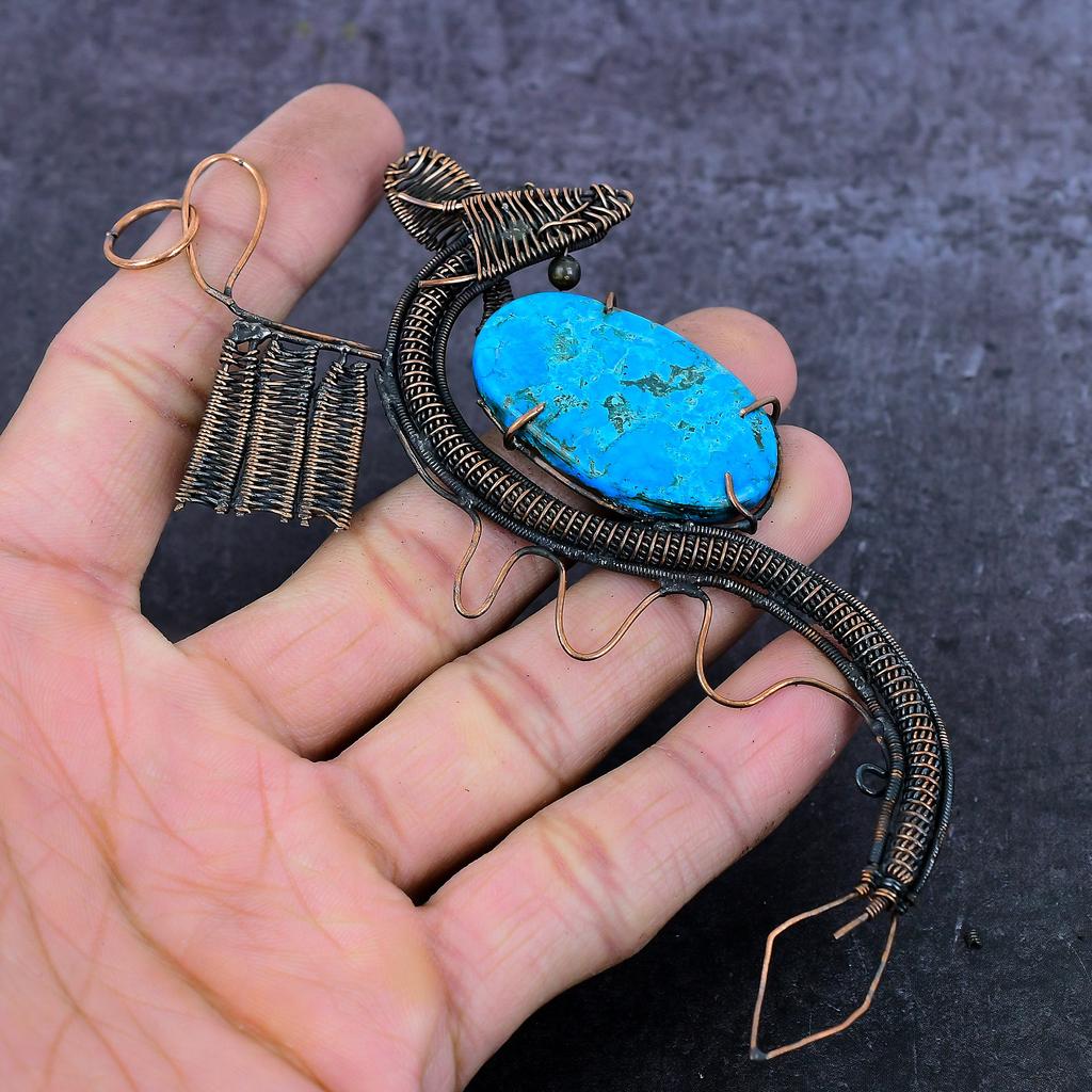 Natural Tibetan Turquoise Handmade Copper Wirewrap Dragon Pendant 4.53" S0Y20