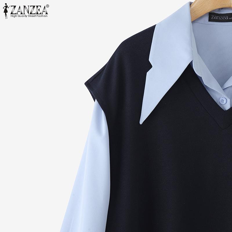 ZANZEA Women Casual Fake Two-Piece Long Sleeve Contrast Color Shirts