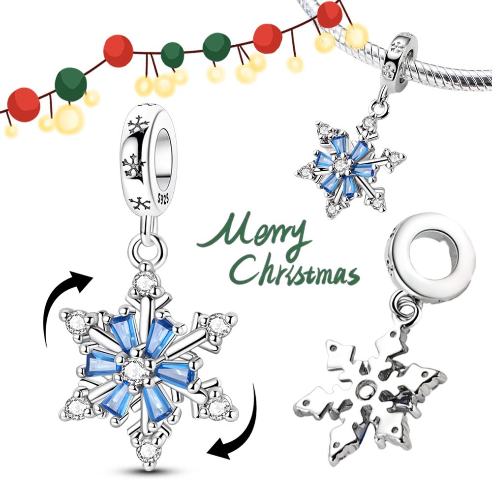 Christmas Copper Blue Zircon Rotatable Snowflake Pendant Beads Fit Charm Bracelet Pendant Women Diy Fine Jewelry Party Gift
