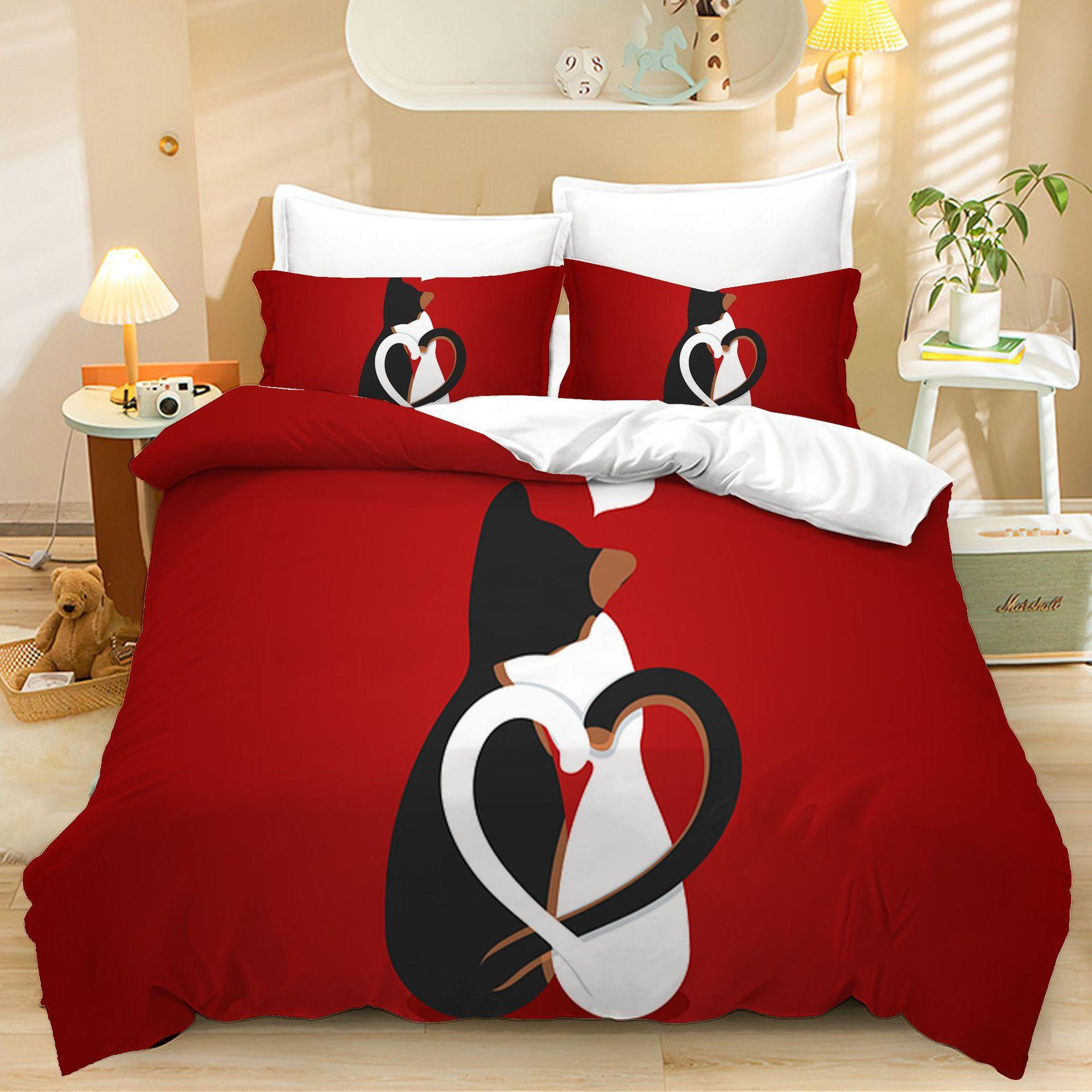 Home Textiles Three-Piece Valentine S Day Cat Cartoon Digital Printing Quilt Pillowcase Bedding 90 * 200 two-piece set