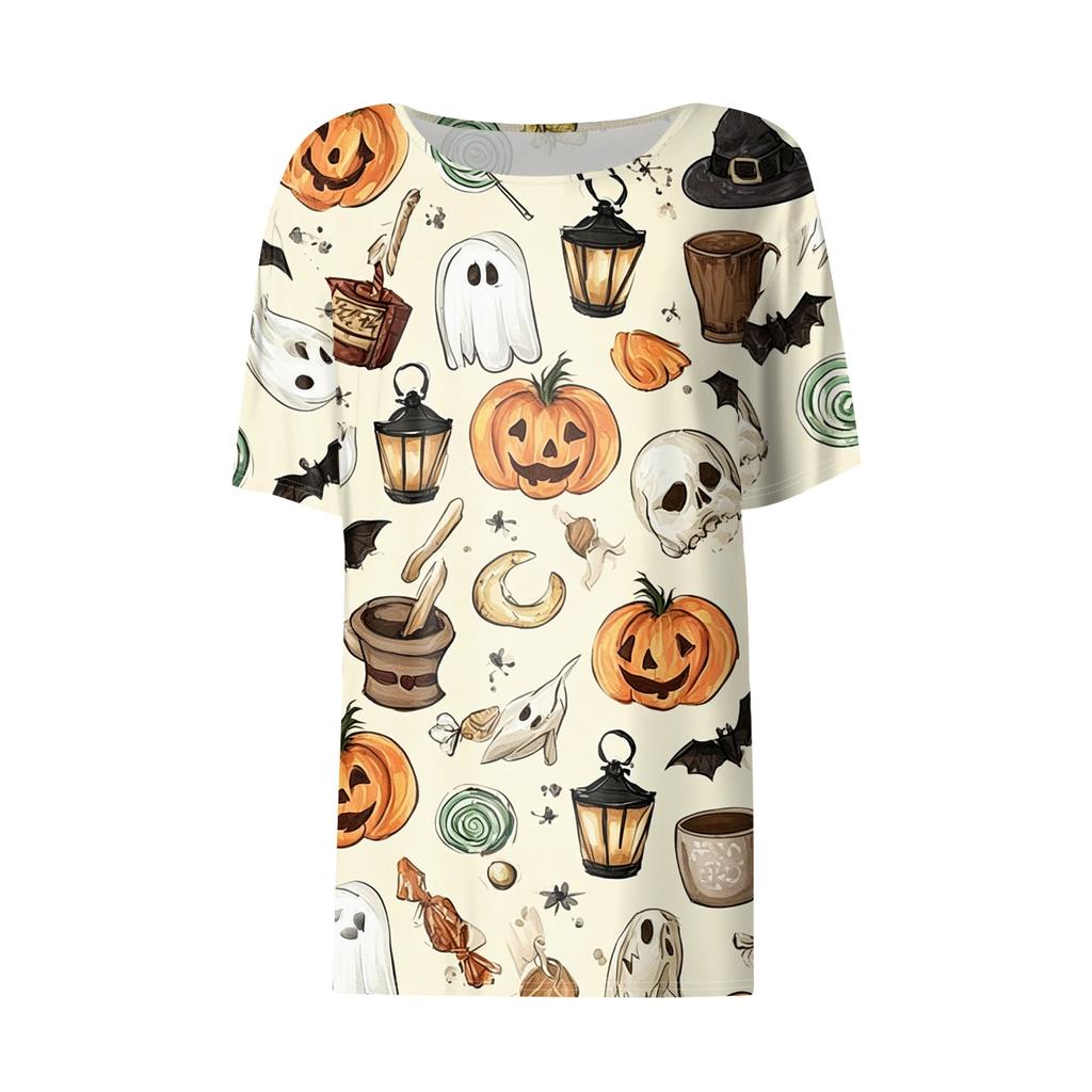 Women's Casual Short Sleeve Halloween Pullover Top with Bat and Pumpkin Print Round Neck Relaxed Fit Shirt for Fall Season