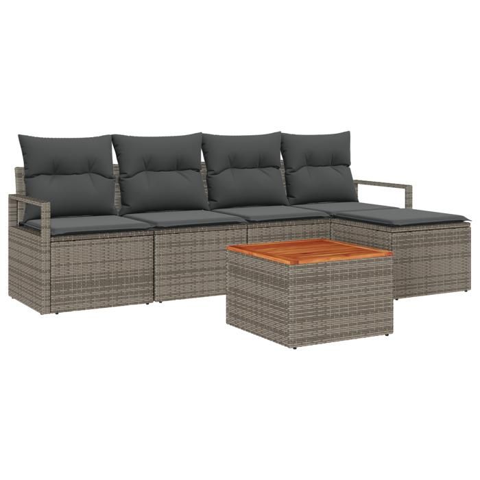Ensemble de canapé de jardin en 6 pièces avec coussins gris poly rotin acacia, Canapé de jardin 2 places avec coussins gris 3347692
