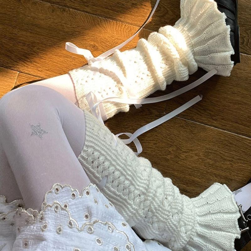 Womens Lolitas Knit Long Socks Ruffle Leg Warmers Harajuku Booties Socks Winter Warm Ankle Heap Socks