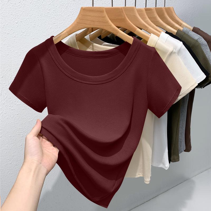 Women's High-Quality Ribbed Round Neck Short Sleeve Slimming T-Shirt – Versatile, Stretchy, Solid Color Summer Top
