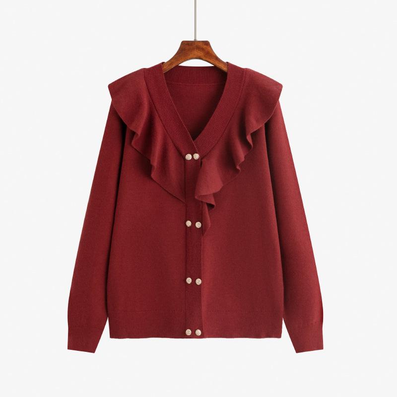 

Женские топы с V-образным вырезом и оборками больших размеров, трикотажные изделия, свитер на осень и зиму 3XL бордовый